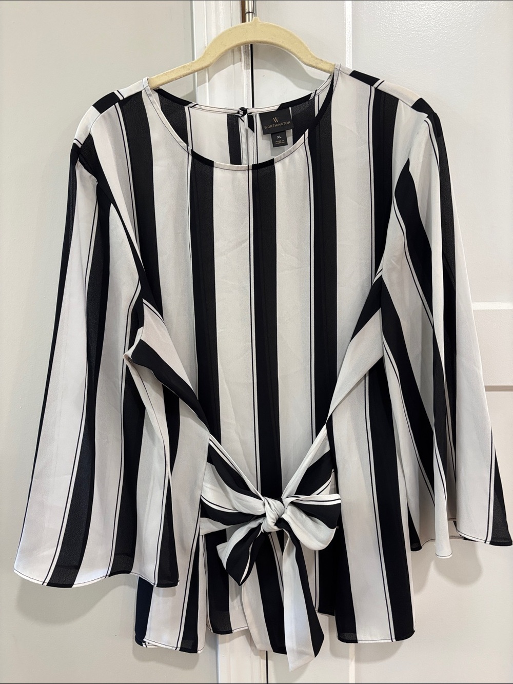 Worthington Black & White Vertical Stripe Tie-Front Blouse